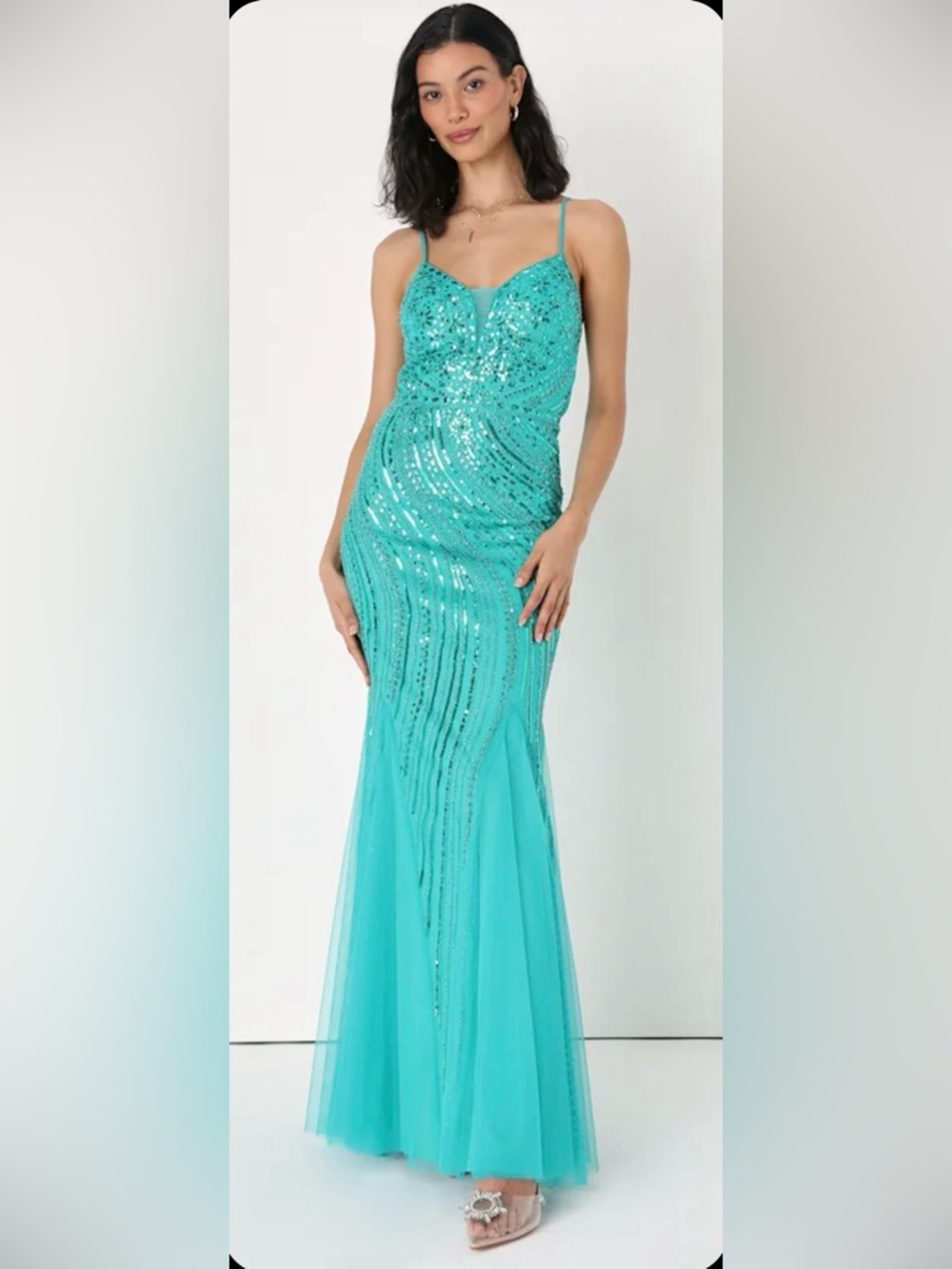NWT LULUS SIZE XL TEAL BLUE SEQUIN MERMAID MAXI DRESS #2032636